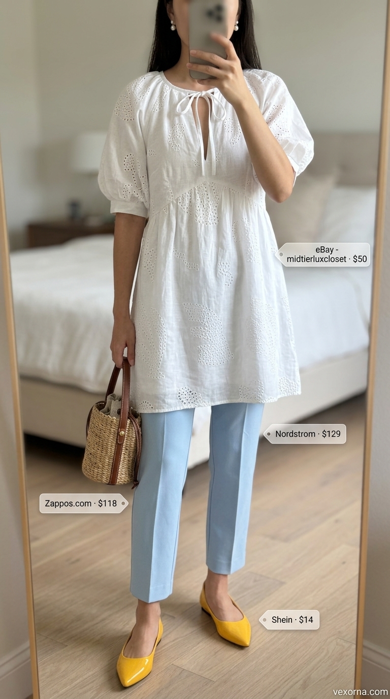 Sunny Day Soirée Style 2026 Sunny day soirée outfit: sky blue cropped pants, white eyelet dress, yellow flats. Dressy pant outfits summer for women 2026.