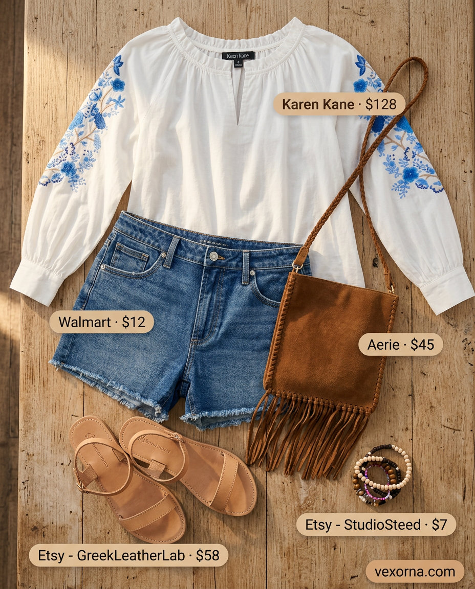 Easy summer picnic outfits for women 2026: Denim shorts, embroidered peasant blouse, suede fringe bag, leather sandals.