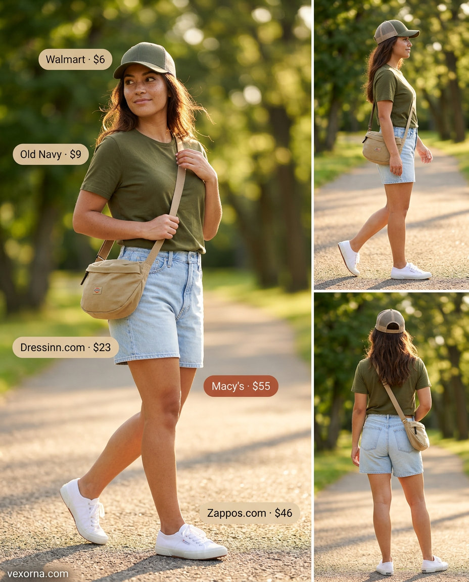 Easy summer picnic outfits for women 2026: Denim shorts, olive t-shirt, white sneakers, canvas belt bag, baseball cap.