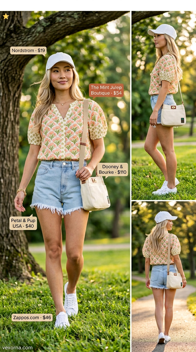 Easy summer picnic outfits for women 2026: Denim shorts, floral peasant blouse, canvas sneakers, and baseball cap.