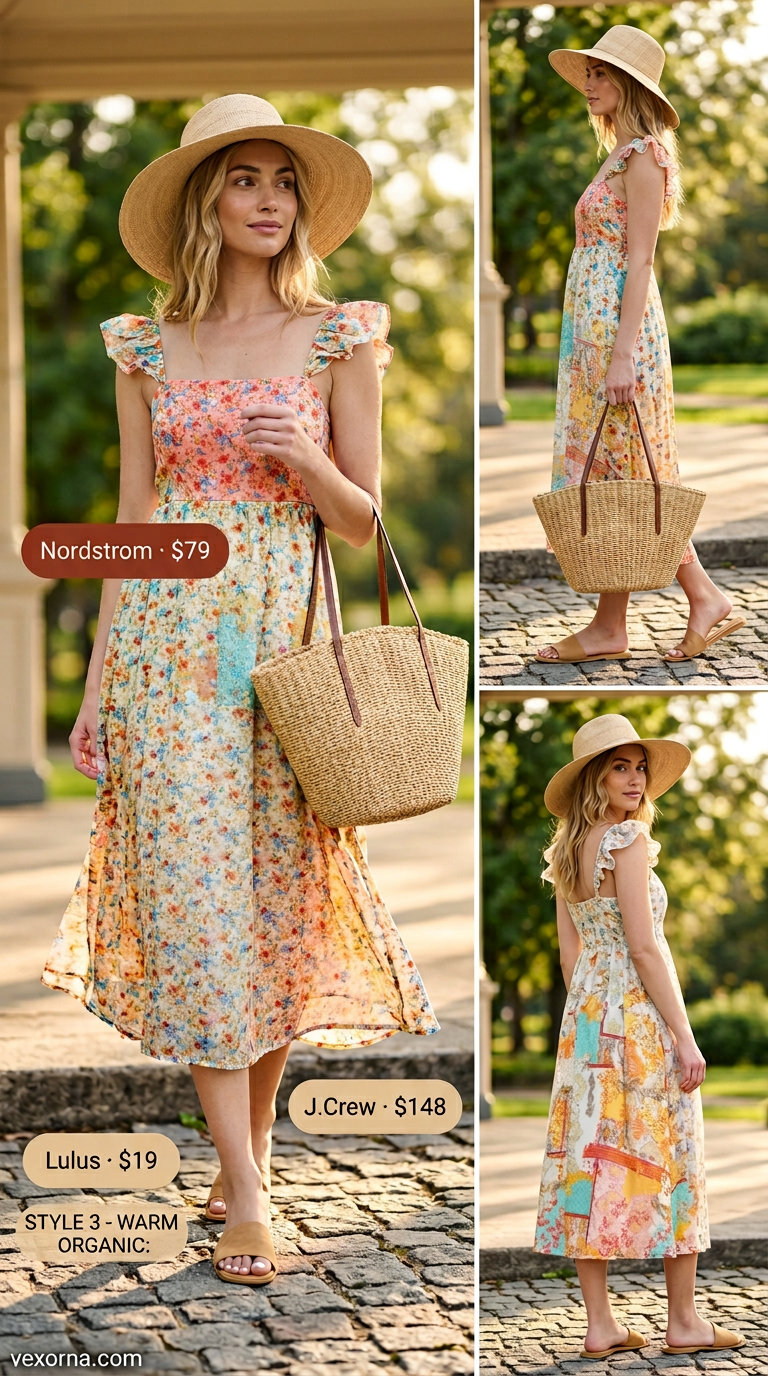 Easy summer picnic outfits for women 2026: Floral midi dress, straw hat, and slide sandals.