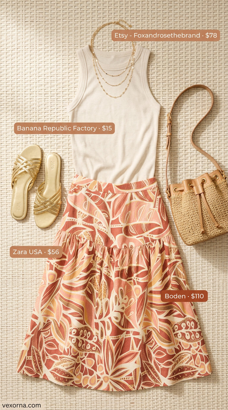 Easy summer picnic outfits for women 2026: Floral midi skirt, cream tank, gold sandals, layered necklaces, straw bucket bag.