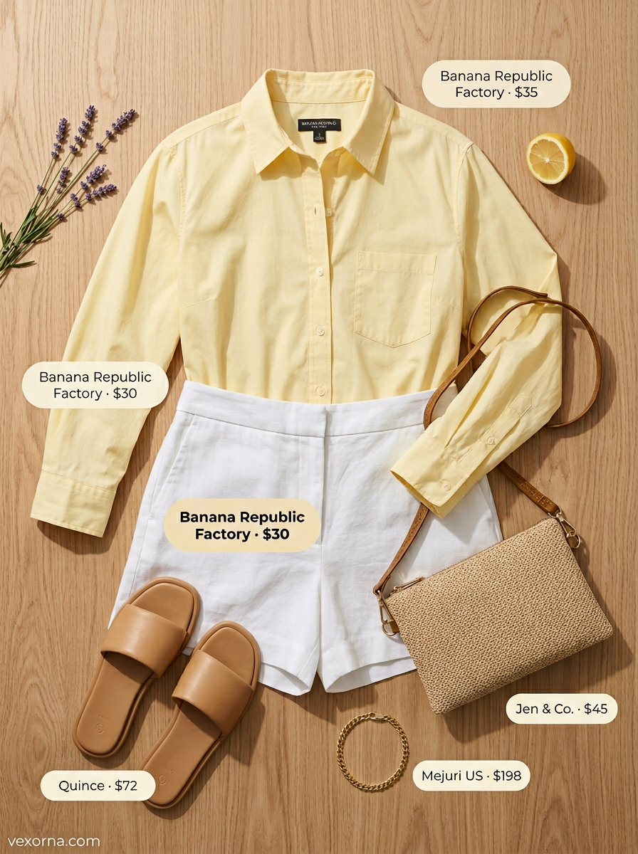 Easy summer picnic outfits for women 2026: White linen shorts, yellow button-down, gold bracelet, straw bag, tan slides.