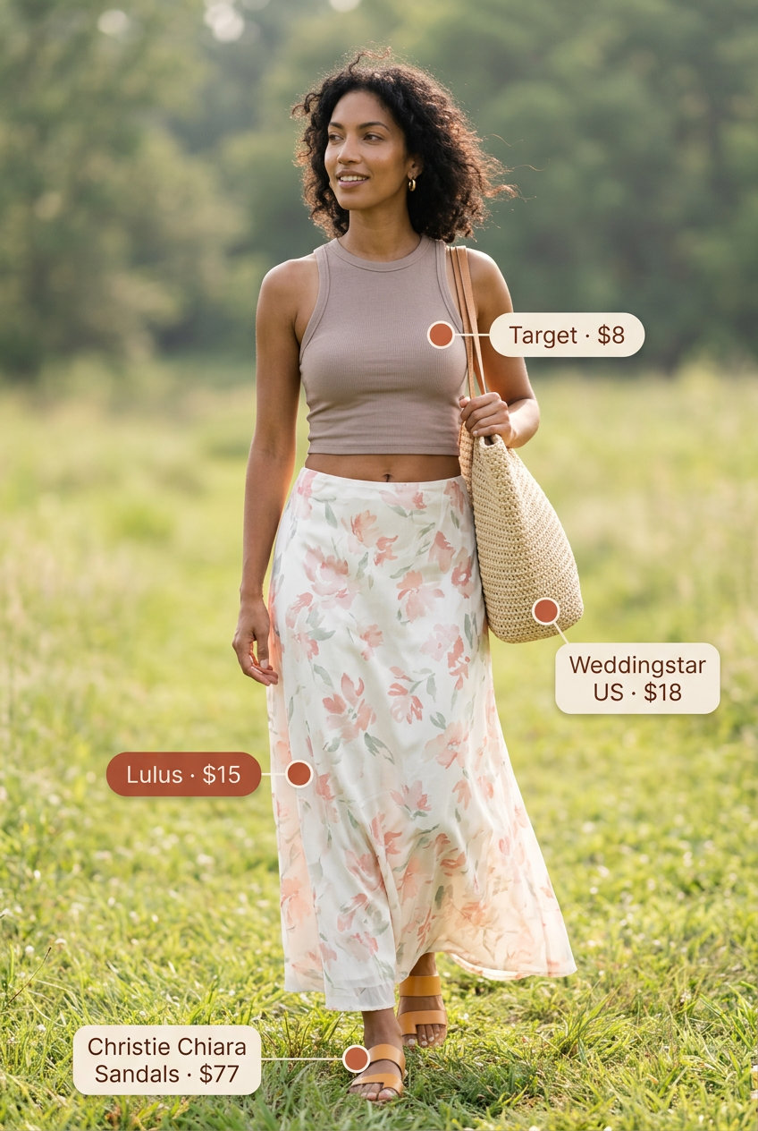 Easy summer picnic outfits for women 2026: Flowy cream maxi skirt, ribbed tank, straw tote, and leather sandals.