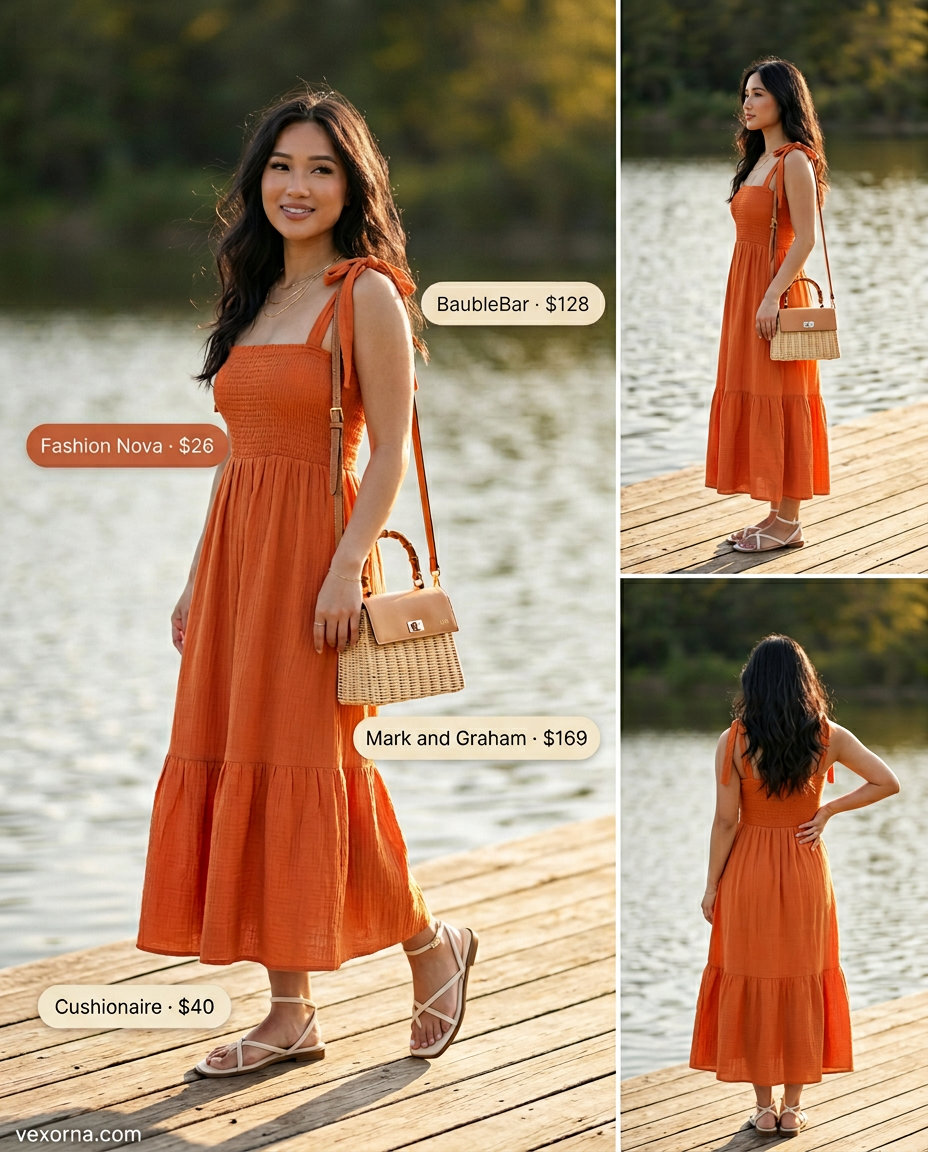 Easy summer picnic outfits for women 2026: Burnt orange midi dress, cream flat sandals, gold necklaces, straw bag.
