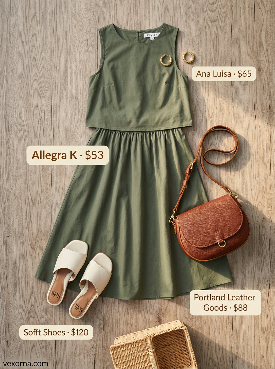Easy summer picnic outfits for women 2026: Olive green linen co-ord set, block heel sandals, and crossbody bag.
