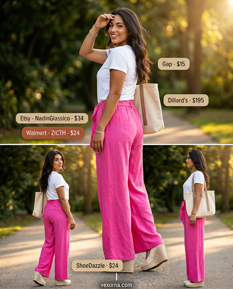 Easy summer picnic outfits for women 2026: Hot pink wide-leg pants, white tee, and espadrille wedges.