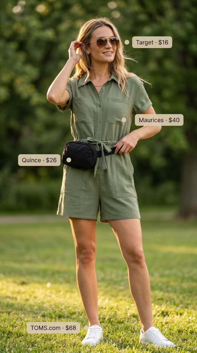 Easy summer picnic outfits for women 2026: Khaki utility romper, white sneakers, belt bag, and aviators.