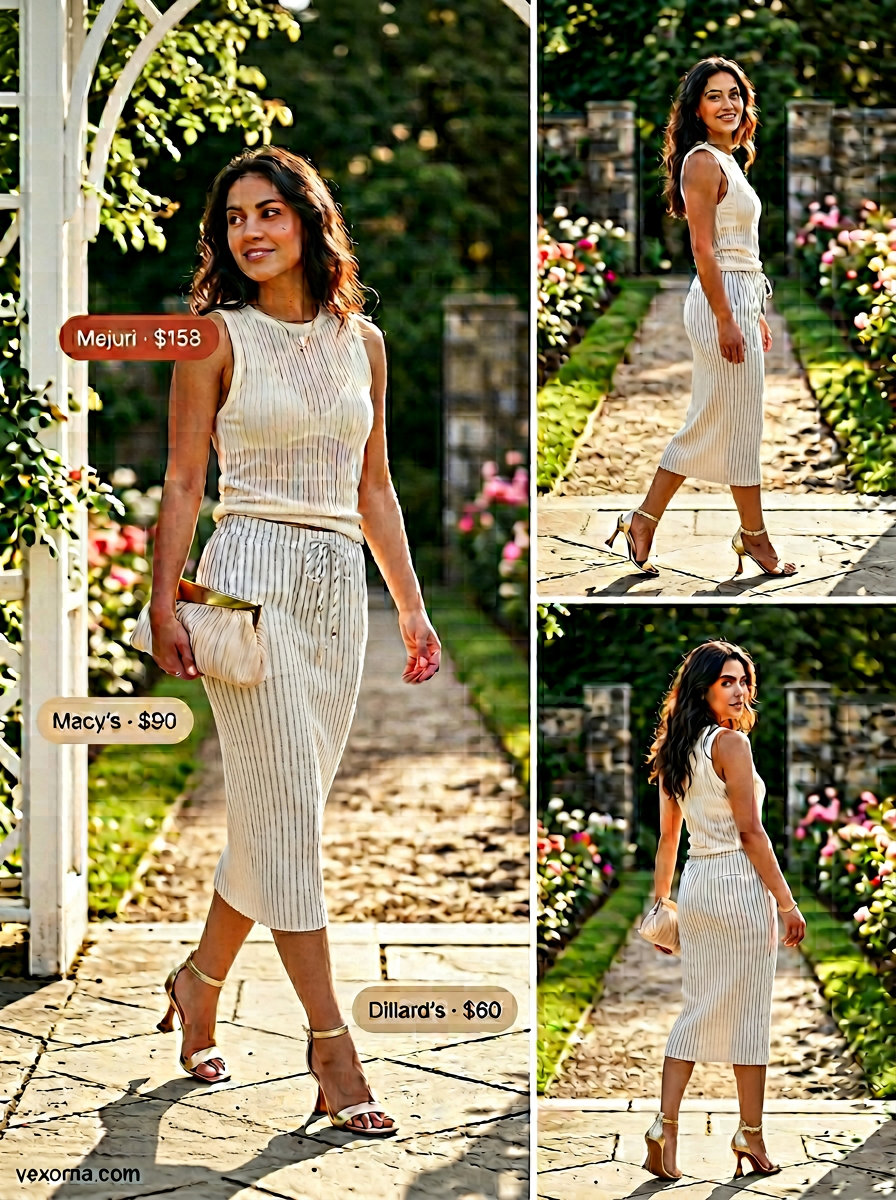 Easy summer picnic outfits for women 2026: Emerald green satin skirt, ribbed tank, heeled sandals, and gold jewelry.