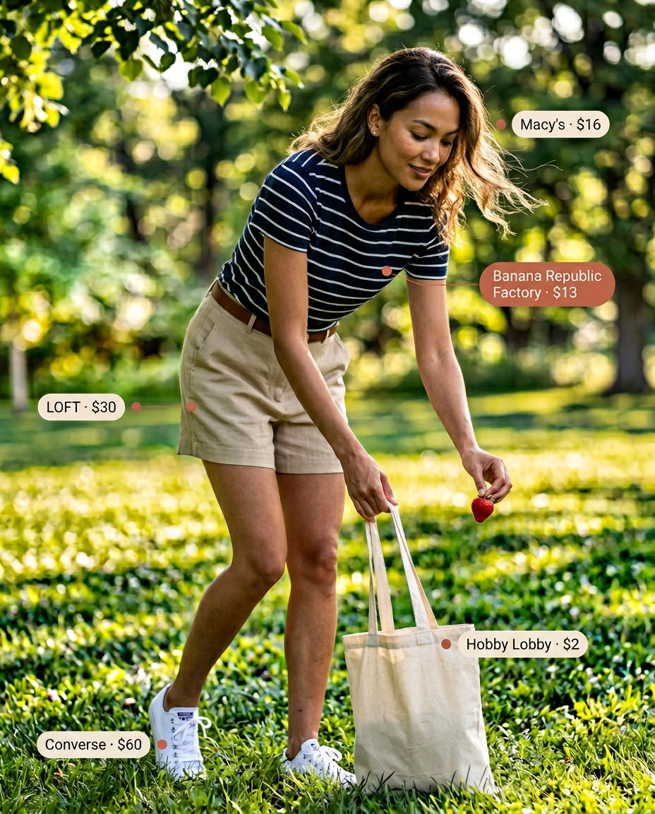 Easy summer picnic outfit for women 2026: Navy stripe tee, beige chino shorts, white sneakers, and canvas tote.