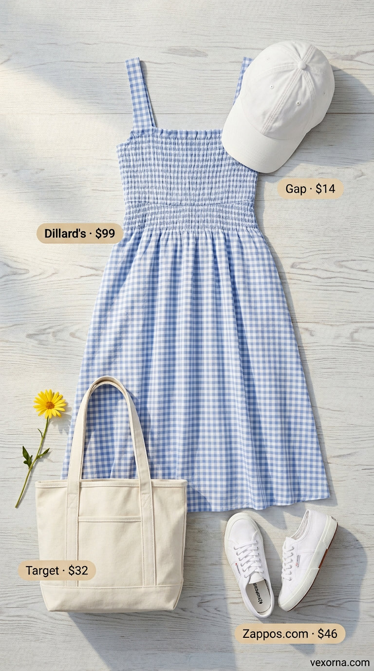 Easy summer picnic outfits for women 2026: Light blue gingham sundress, white sneakers, canvas tote, baseball cap.