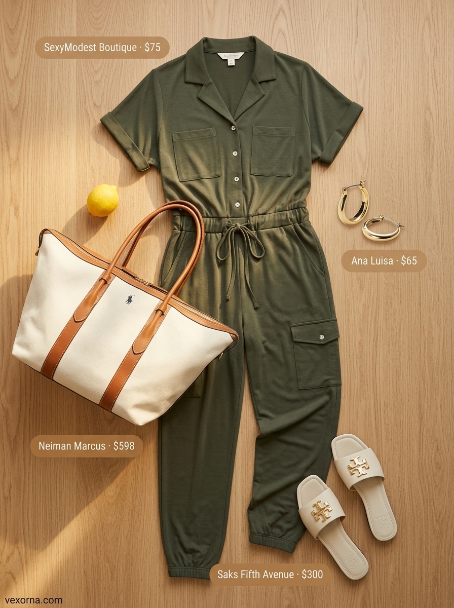 Easy summer picnic outfits for women 2026: Khaki utility jumpsuit, cream leather sandals, gold hoop earrings, canvas tote.