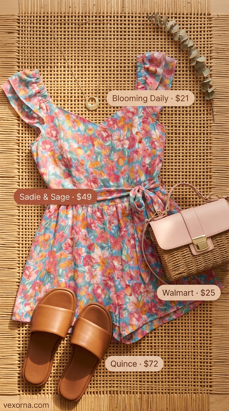 Pink floral romper with tan slides and straw crossbody for easy summer picnic outfits for women 2026.