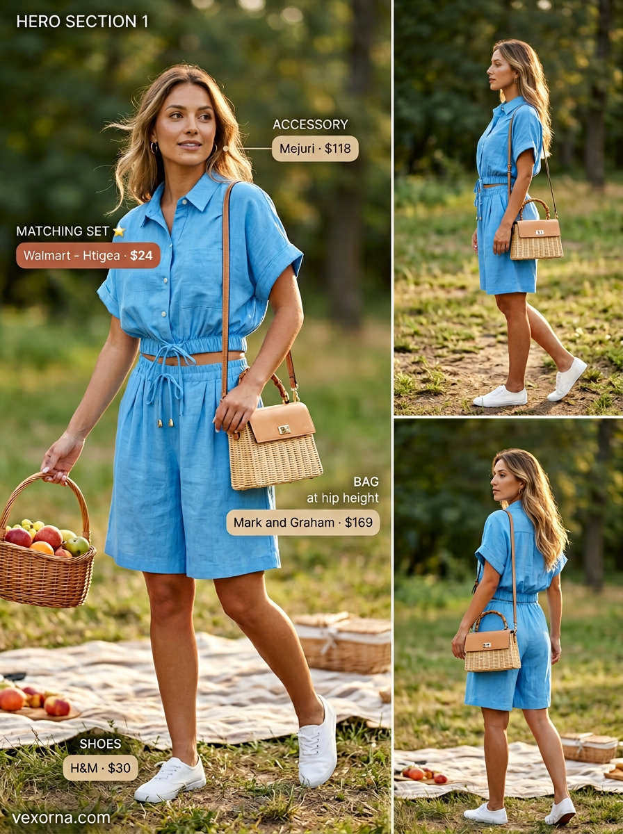 Sky blue linen matching set with white sneakers and straw bag for easy summer picnic outfits for women 2026.