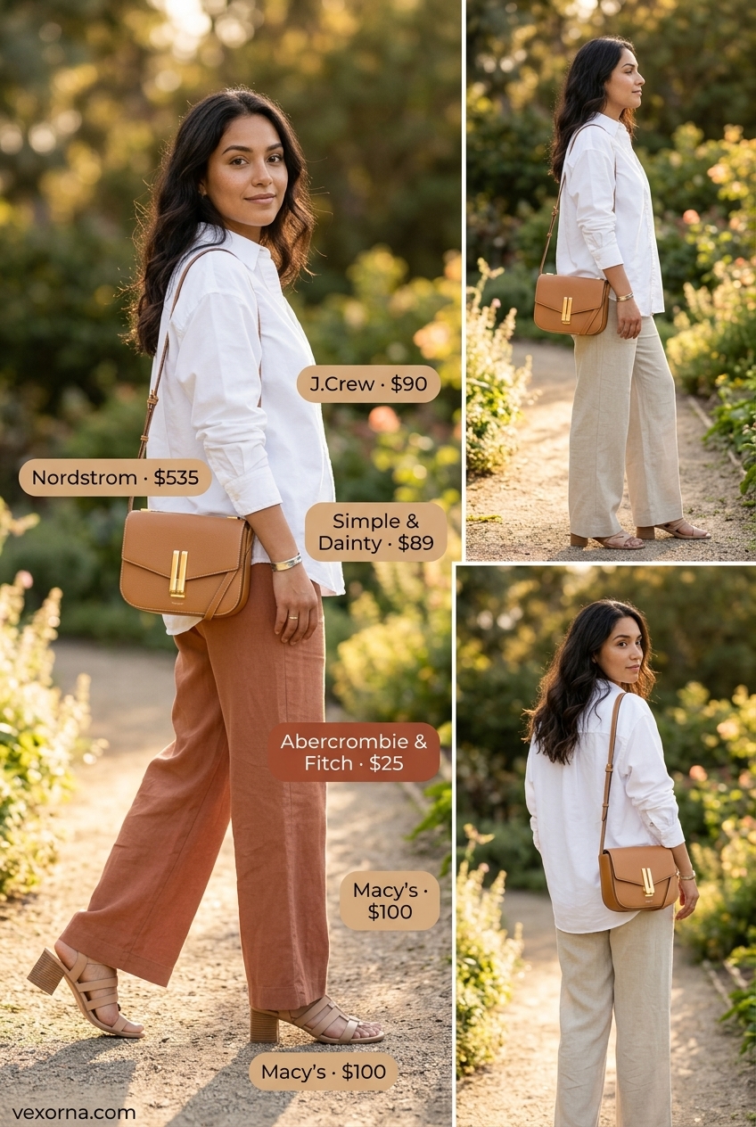 Natural linen pants, white button-down, and tan crossbody for easy summer picnic outfits for women 2026.