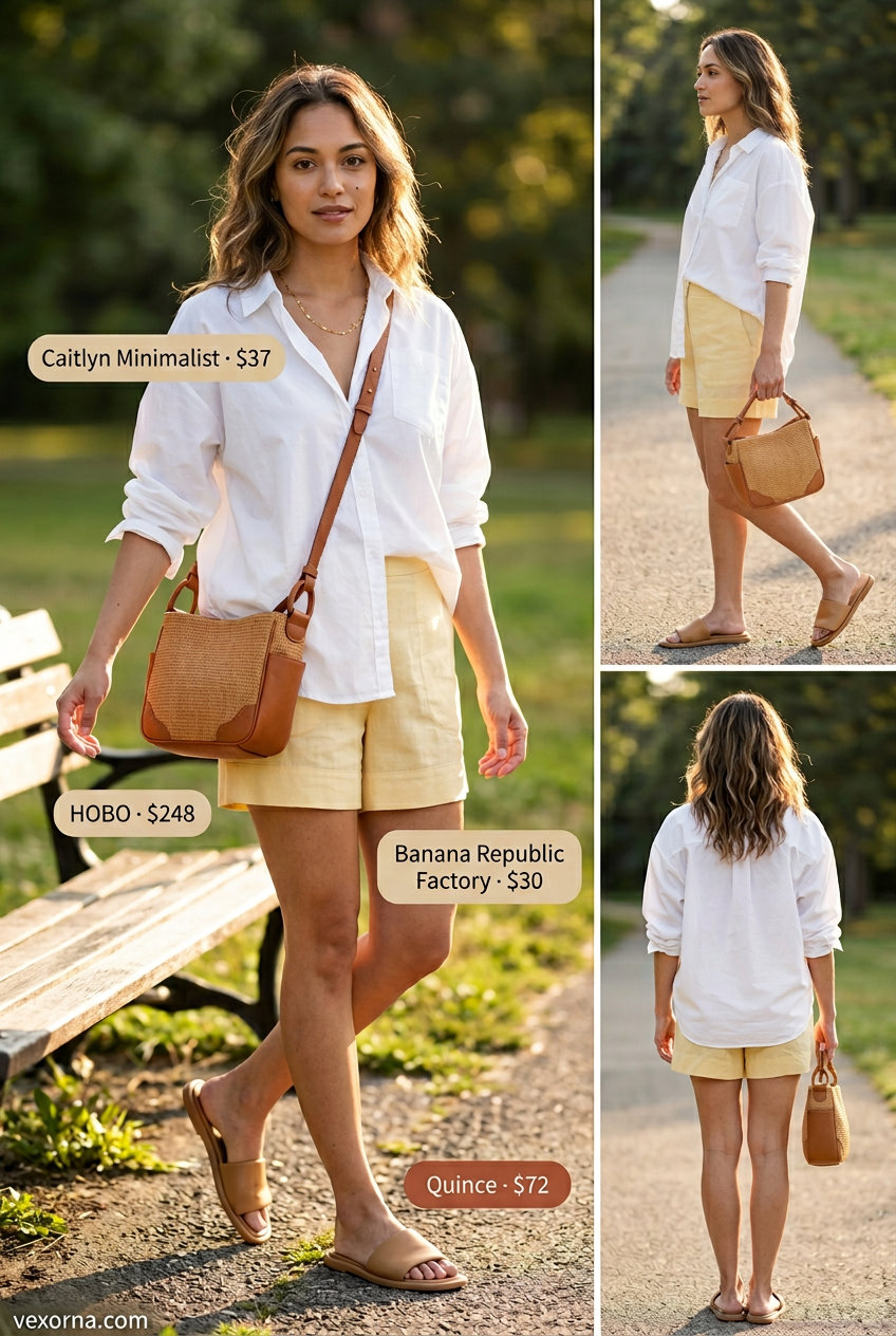 Lemon yellow linen shorts, white button-down, and tan slides for easy summer picnic outfits for women 2026.