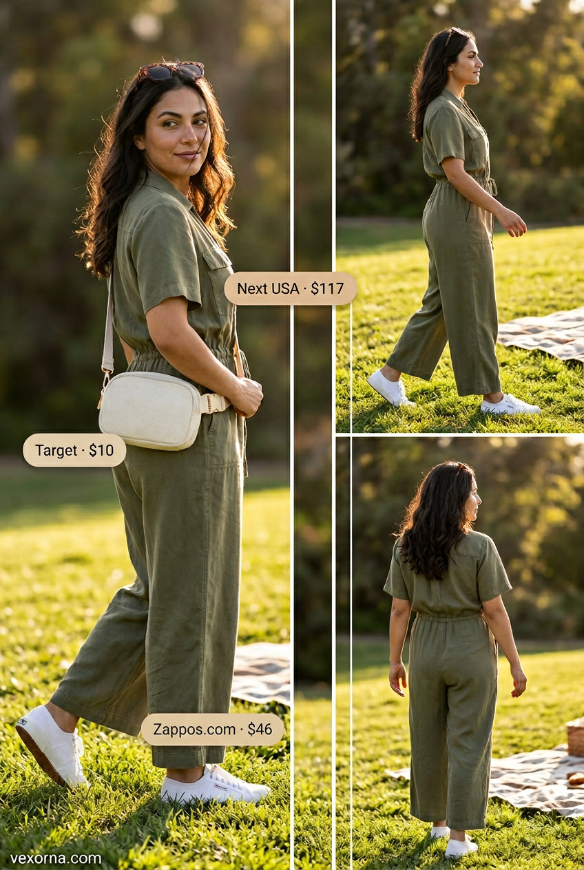 Olive green utility jumpsuit with white sneakers and belt bag for easy summer picnic outfits for women 2026.