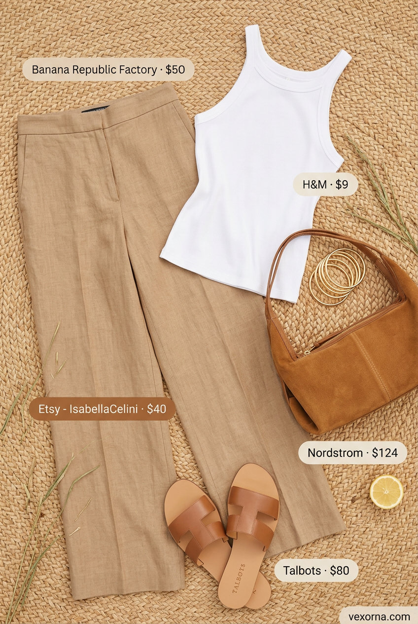 White tank with tan wide-leg pants, gold bangles, and leather slides for easy summer picnic outfits for women 2026.