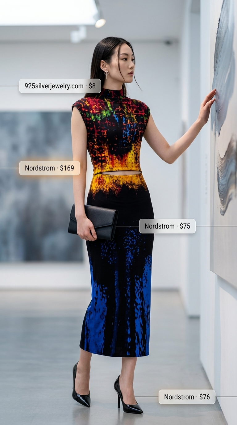 Elegant summer sleeveless dresses 2026: Abstract print midi dress for art gallery opening. Bold colors, silver geometric earrings.