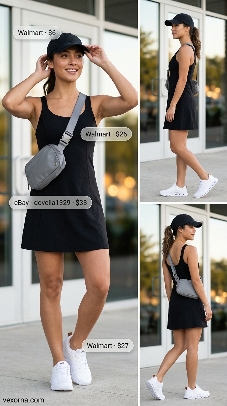 Elegant summer sleeveless dresses 2026: Black athletic dress, white sneakers, baseball cap, and crossbody bag for athleisure.