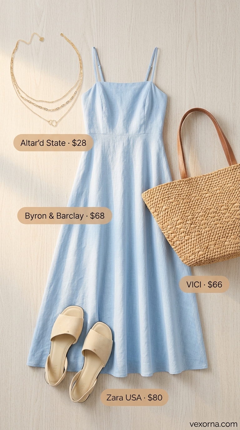 Elegant summer sleeveless dresses 2026: Sky blue maxi dress for beach day. Relaxed resort wear with leather sandals and straw tote.