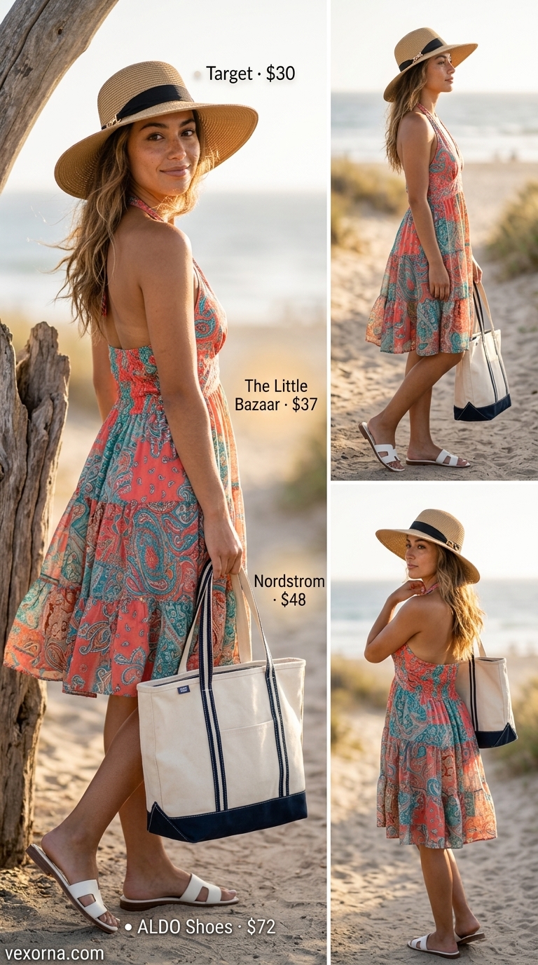 Elegant summer sleeveless dresses 2026: Coral paisley print mini dress, straw hat, slides, and beach tote for a vibrant look.
