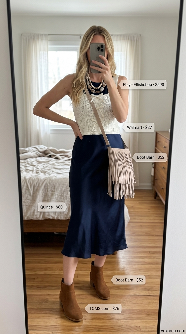 Elegant summer sleeveless dresses 2026: Boho crochet set with layered necklaces, fringe bag, and suede boots for festivals.