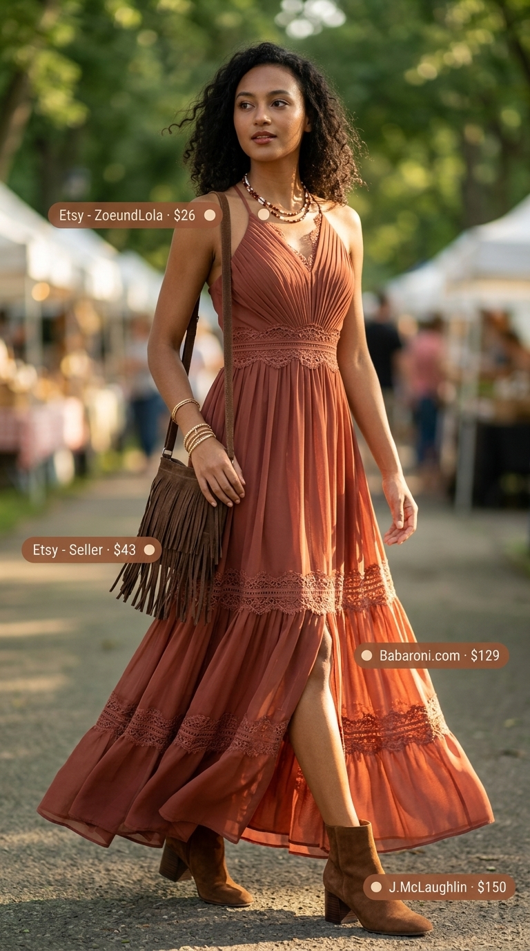 Elegant summer sleeveless dresses 2026: Terracotta tiered maxi dress for festivals. Boho style with suede boots and fringe bag.