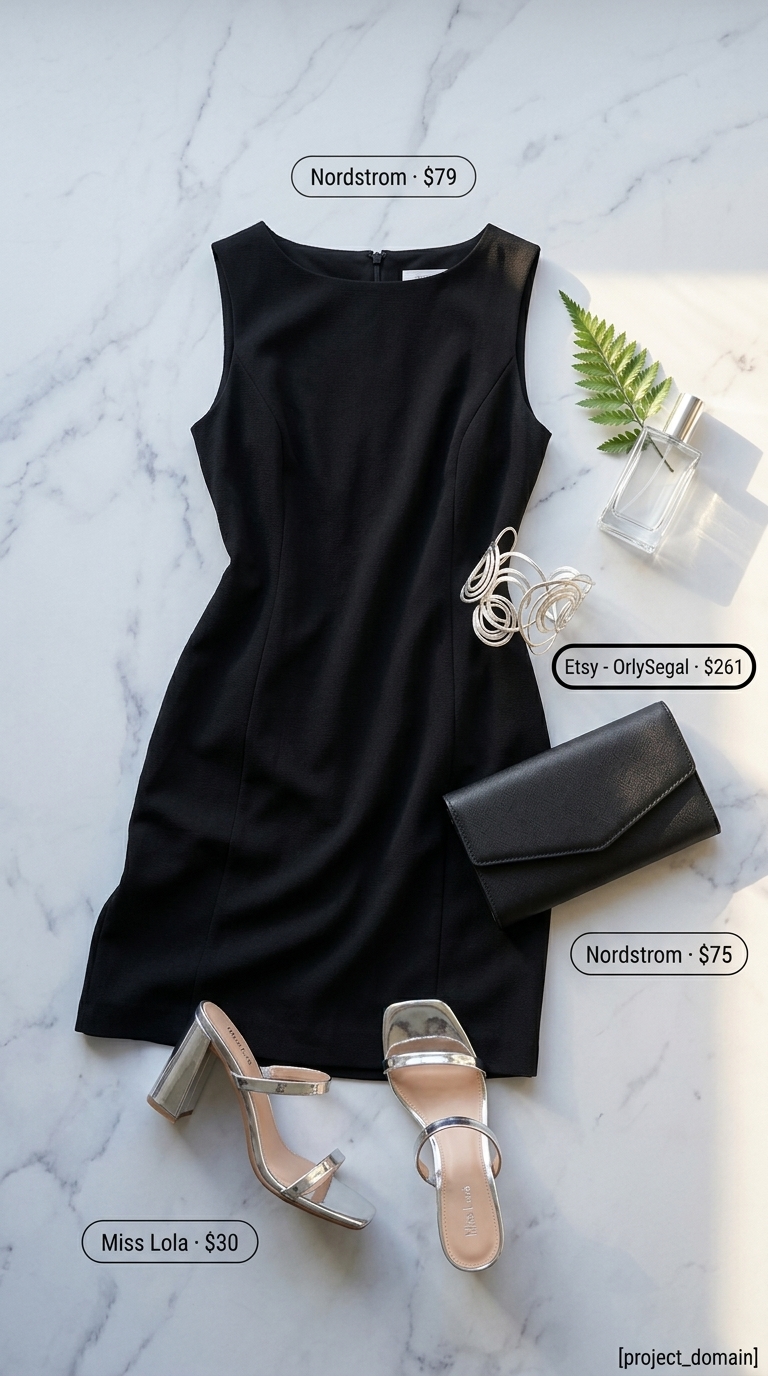 Elegant summer sleeveless dresses 2026: Black sheath midi dress, silver mules, clutch, and cuff bracelet for city chic.