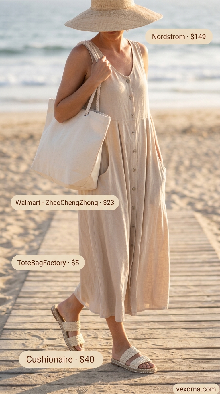Elegant summer sleeveless dresses 2026: Beige linen romper, espadrilles, straw hat, and tote for a relaxed beach day.