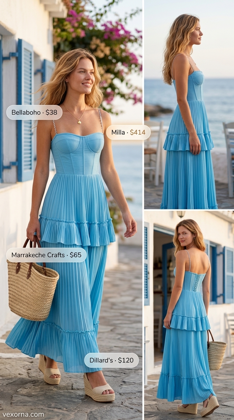 Elegant summer sleeveless dresses 2026: Sky blue maxi dress for beachside lunch. Effortless resort wear with straw tote.