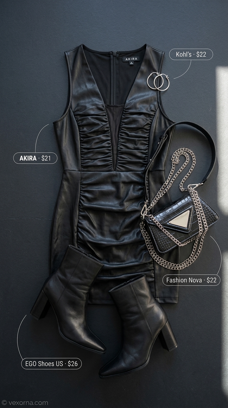 Elegant summer sleeveless dresses 2026: Black mini dress for edgy night out. Modern look with faux leather boots and hoop earrings.