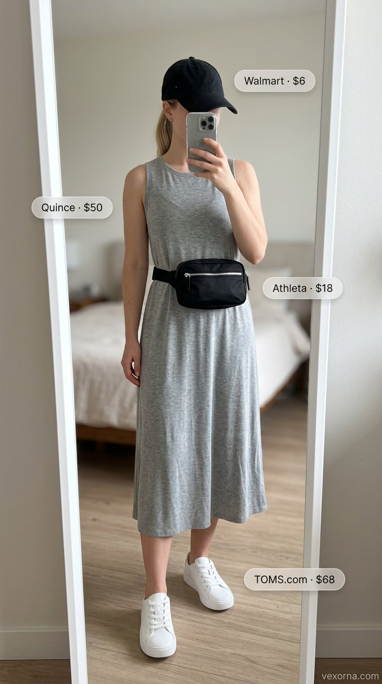 Elegant summer sleeveless dresses 2026: Grey knit midi dress, belt bag, baseball cap, and white sneakers for elevated athleisure.