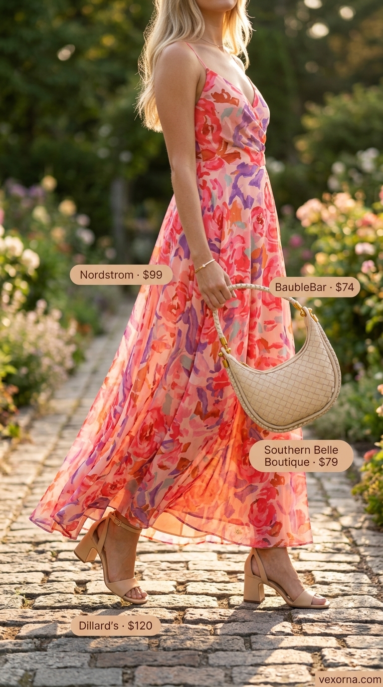 Coral, pink, green floral sleeveless maxi dress for a summer wedding. Style with block heels, saddle bag, and gold cuff bracelet.