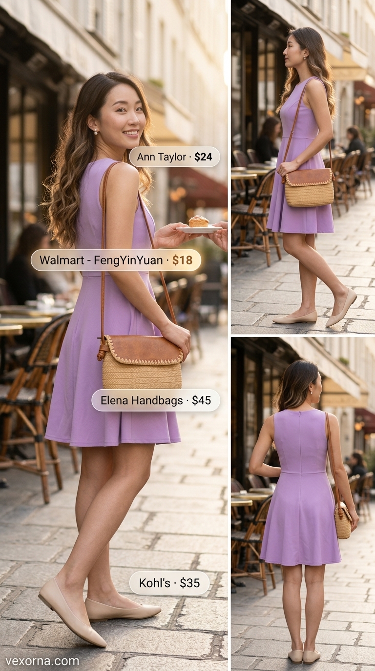 Elegant summer sleeveless dresses 2026: Lavender A-line dress, woven bag, ballet flats, and pearl earrings for a garden party.
