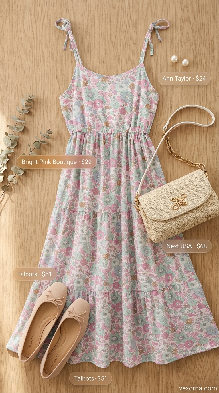 Pastel floral sleeveless midi dress for a garden party. Style with cream ballet flats, raffia crossbody bag, and pearl earrings.