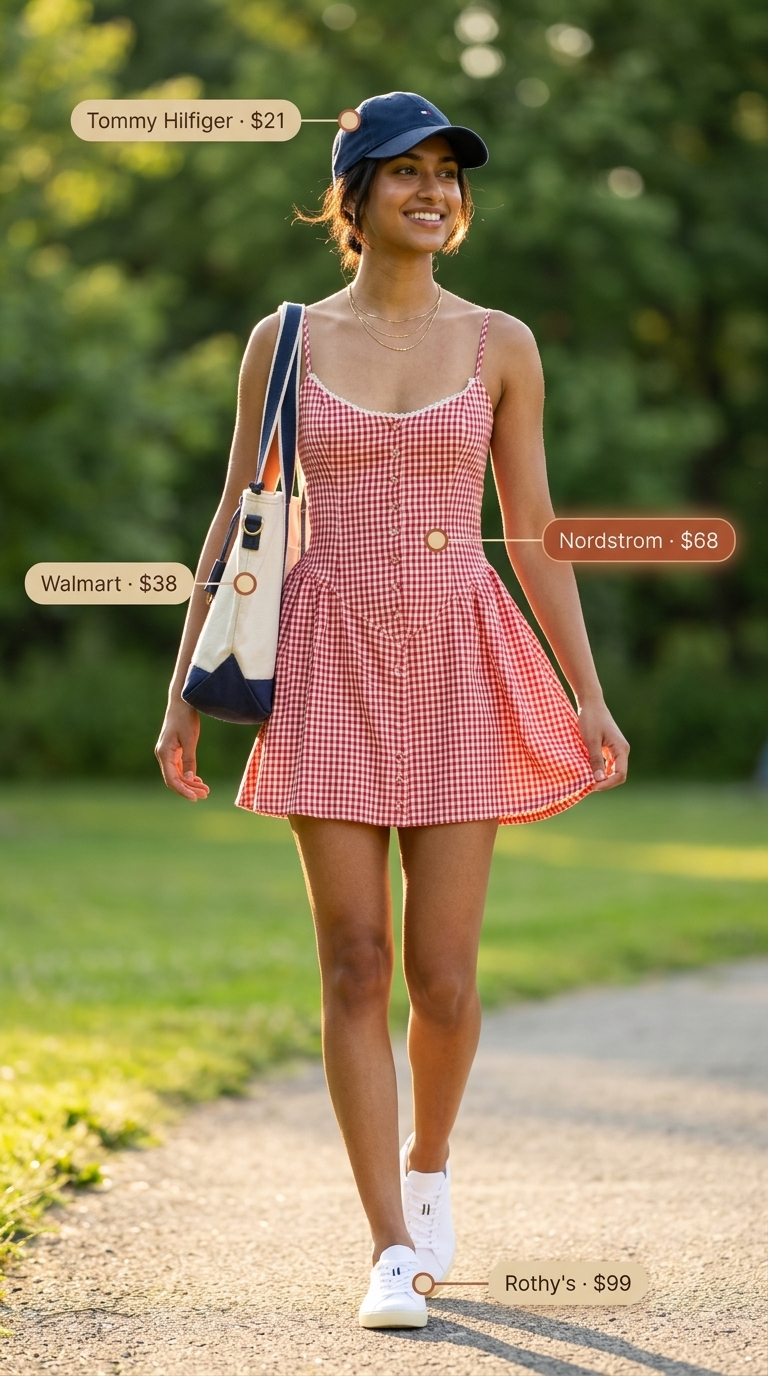 Red and white gingham sleeveless mini dress for a picnic. Pair with white sneakers, canvas tote bag, and navy baseball cap.