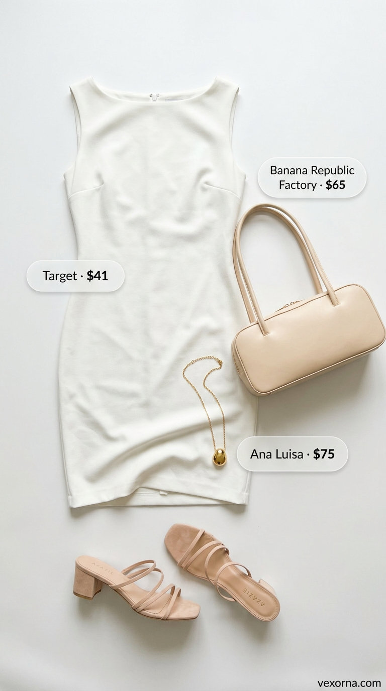 Elegant summer sleeveless dresses 2026: Ivory shift dress for daytime event. Polished minimalist style with block heels and tote.