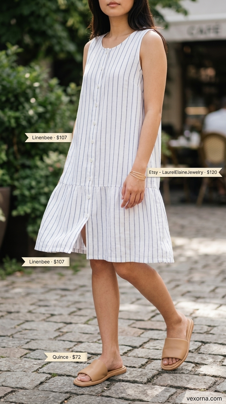 White sleeveless dress styled with olive green linen trousers for casual chic. Add straw bag, gold bangles, and leather slides.