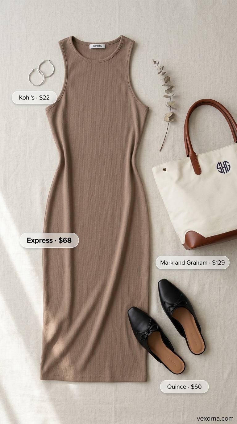 Elegant summer sleeveless dresses 2026: Cream knit midi dress for casual chic. Minimalist style with mules and canvas tote.