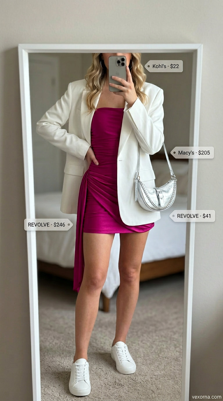 Elegant summer sleeveless dresses 2026: Fuchsia mini dress, oversized blazer, white sneakers, silver bag, and hoop earrings.