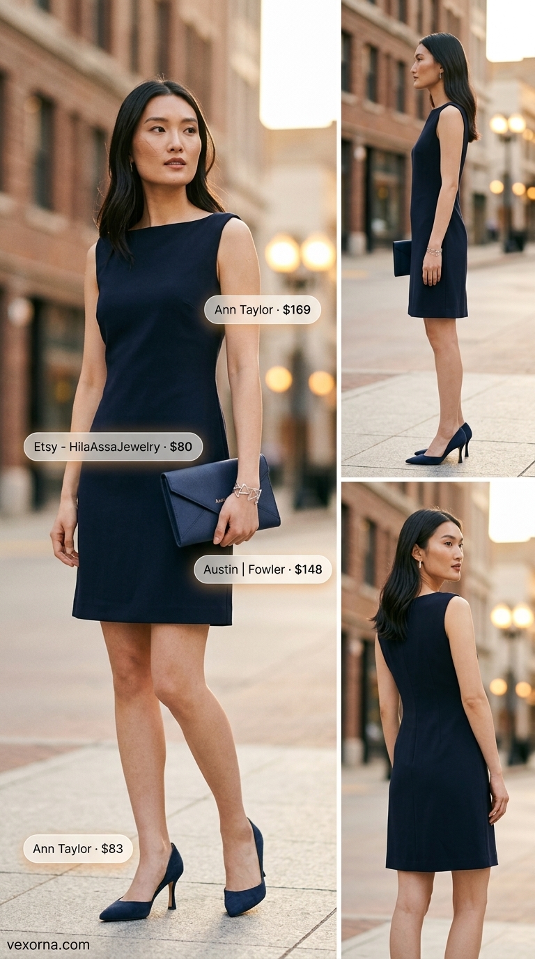 Elegant summer sleeveless dresses 2026: Navy sheath dress for business casual. Sophisticated look with suede pumps and cuff bracelet.