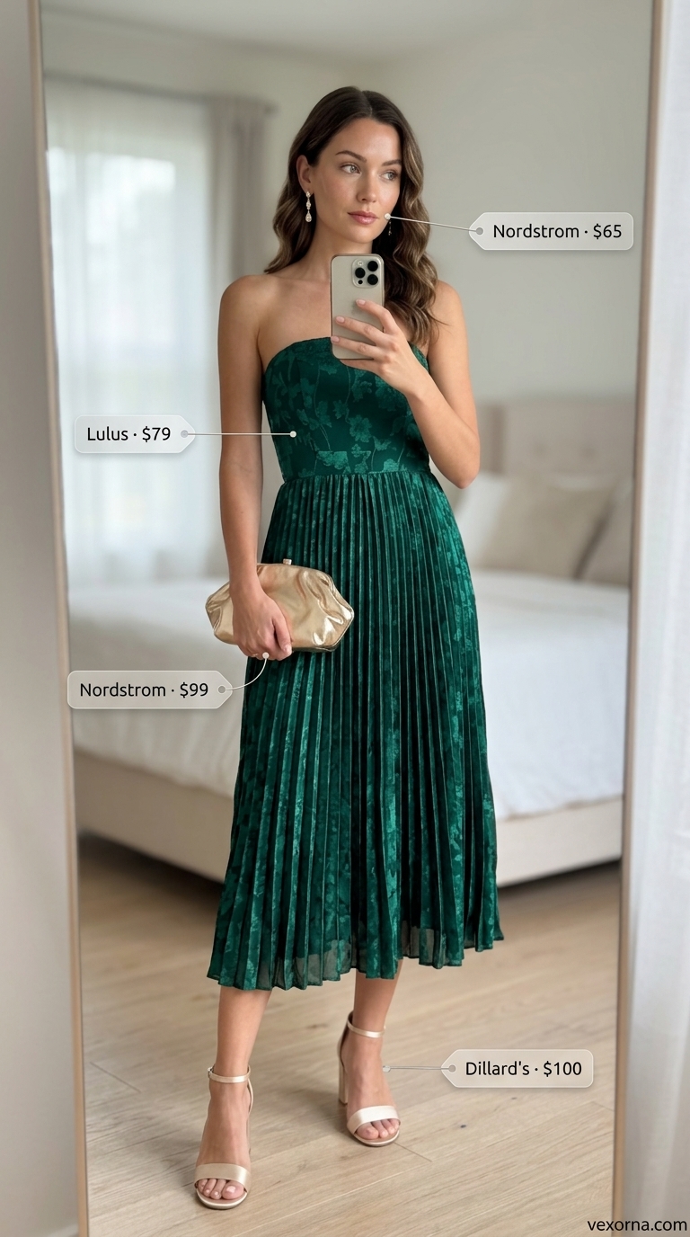 Emerald green pleated sleeveless midi dress for cocktail hour. Style with nude strappy heels, gold drop earrings, and metallic clutch.