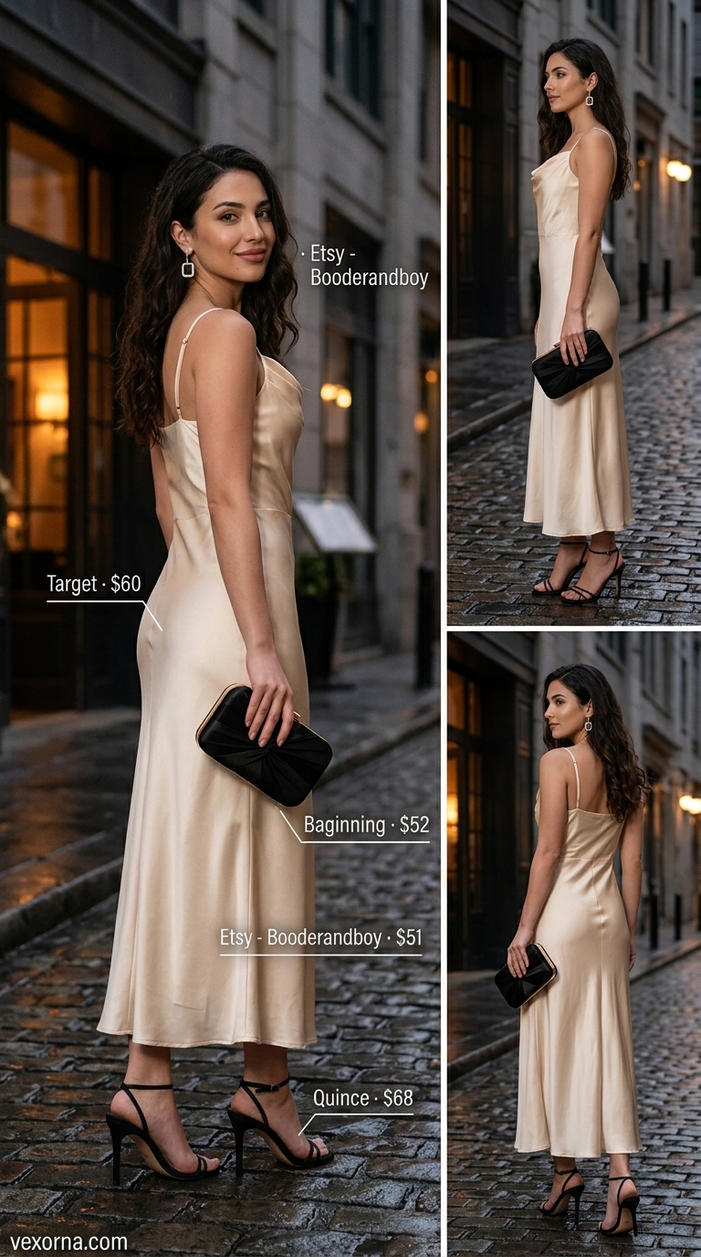 Elegant summer sleeveless dresses 2026: Champagne slip dress for evening events. Glamorous look with strappy heels and box clutch.