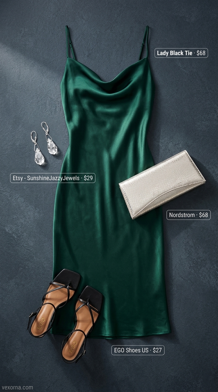 Emerald green satin sleeveless midi slip dress for evening events. Style with silver clutch, black strappy heels, and crystal drop earrings.