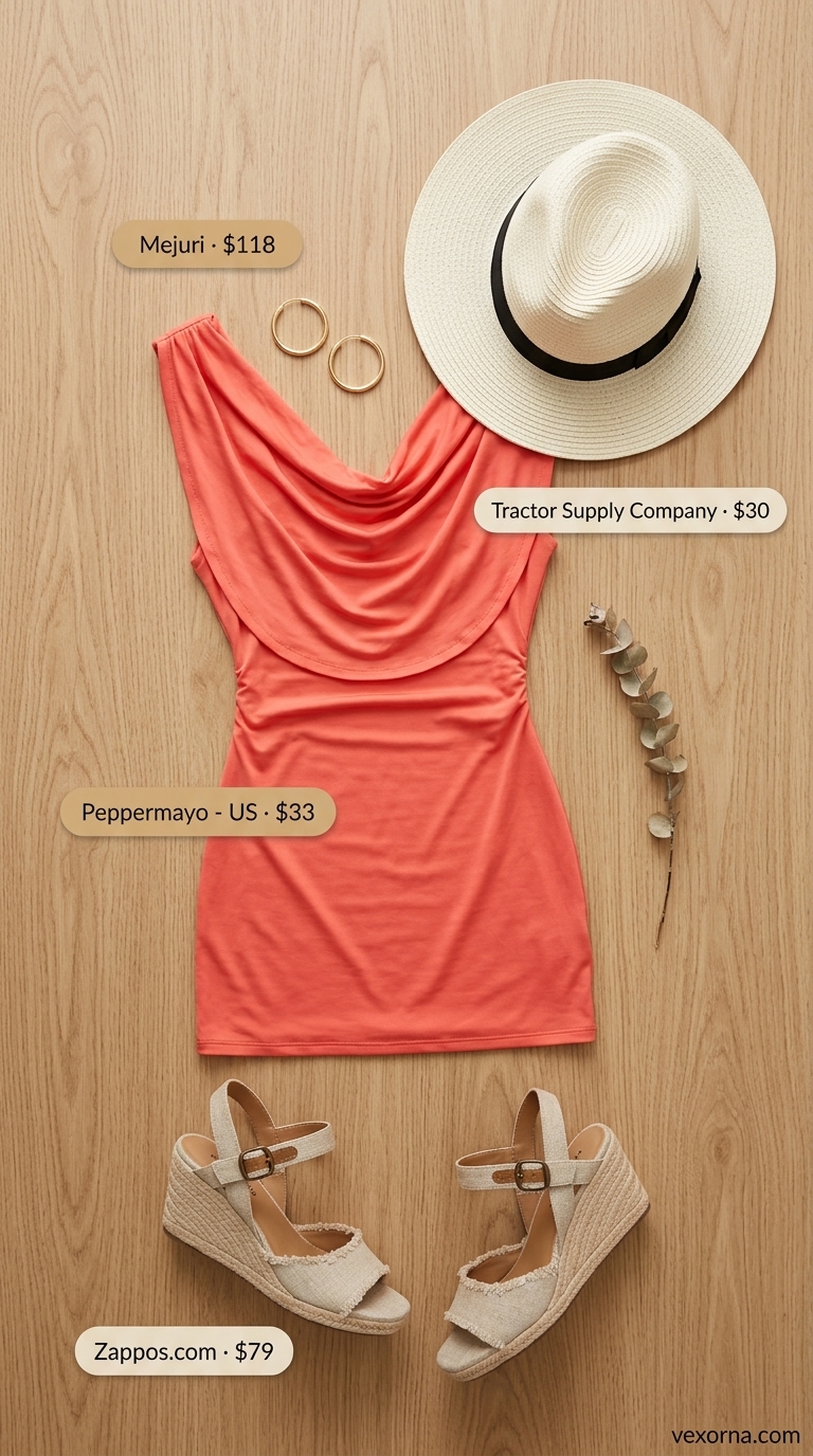 Bright coral sleeveless mini dress for a sunset cruise. Accessorize with a straw fedora, espadrille wedges, and gold hoop earrings.