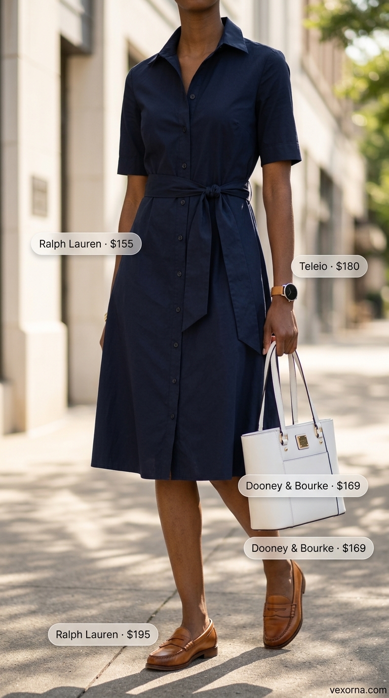 Elegant summer sleeveless dresses 2026: Navy shirt dress, loafers, tote bag, and watch for office casual.