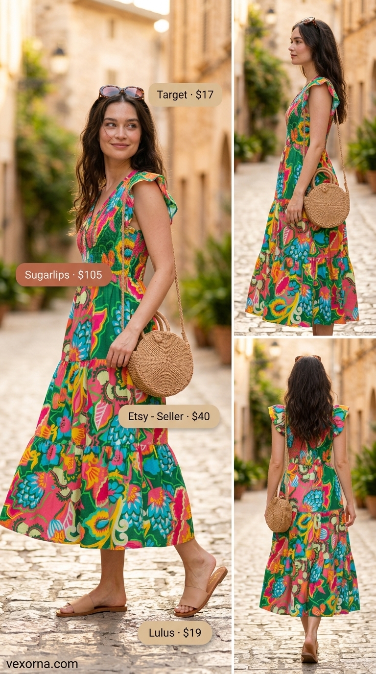Pink, green, yellow tropical floral sleeveless midi dress for vacation. Accessorize with straw bag, sunglasses, and flat sandals.