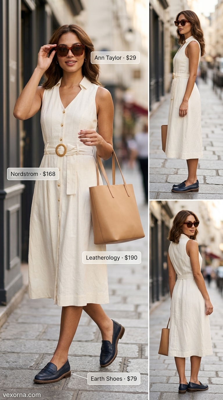 Elegant summer sleeveless dresses 2026: White linen shirt dress for city chic. Polished look with loafers and leather tote.