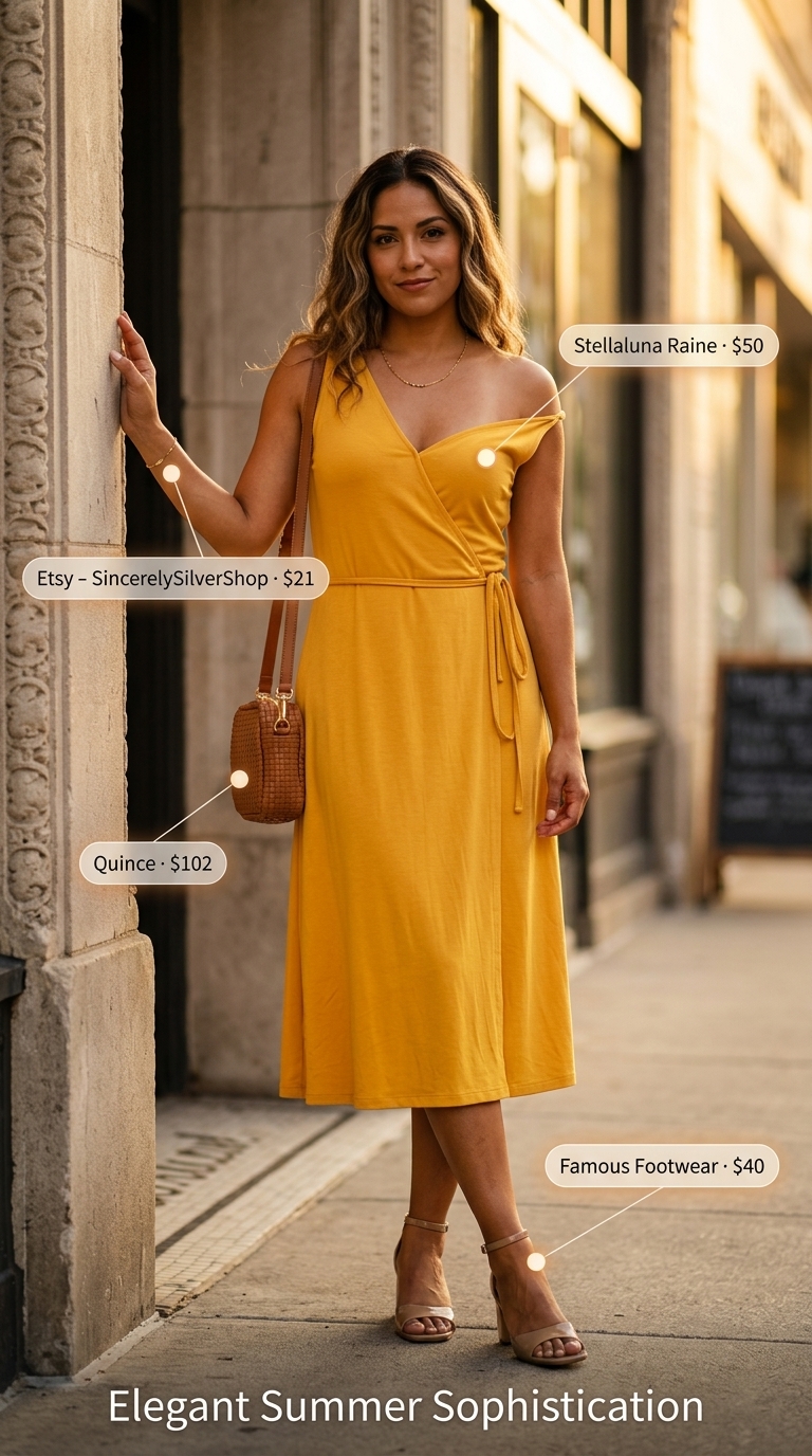 Goldenrod yellow sleeveless midi wrap dress for an evening out. Style with tan block heel sandals, gold bracelet, and leather crossbody bag.
